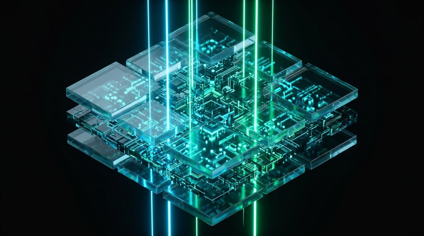 3D Architecture Canvas - Multi-layer crystalline data substrate with glowing consensus beams