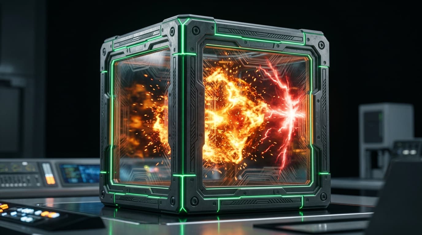 3D Failure Containment Sandbox - Adversarial energy explosion contained in an impenetrable titanium and glass cube